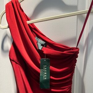 Ralph Lauren One Shoulder Ruched Waist Red Dress